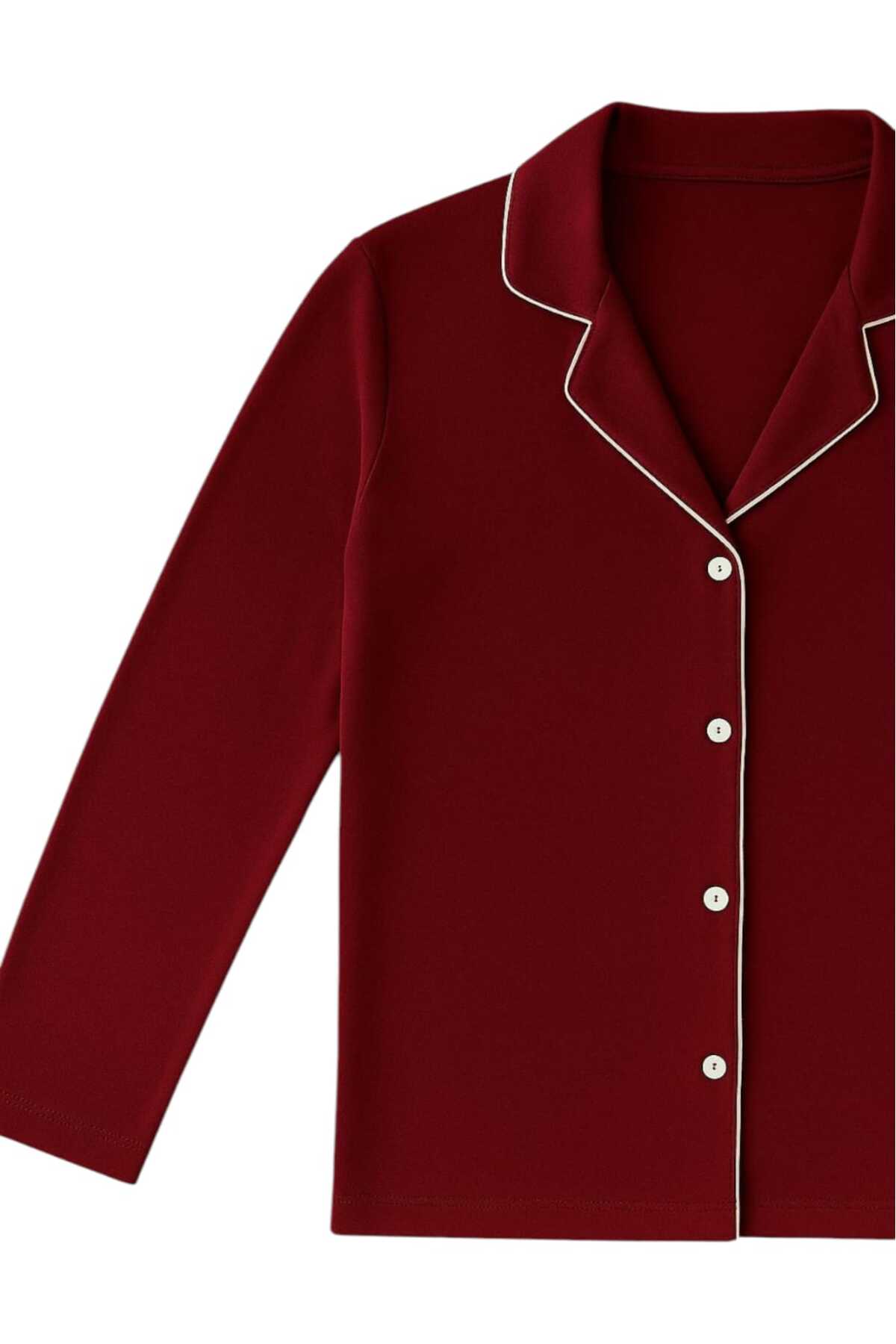 Sude HOMEWEAR Kadın Bordo Renk Biyeli Pamuklu Uzun Kol Gömlek Pijama Takımı görsel 5