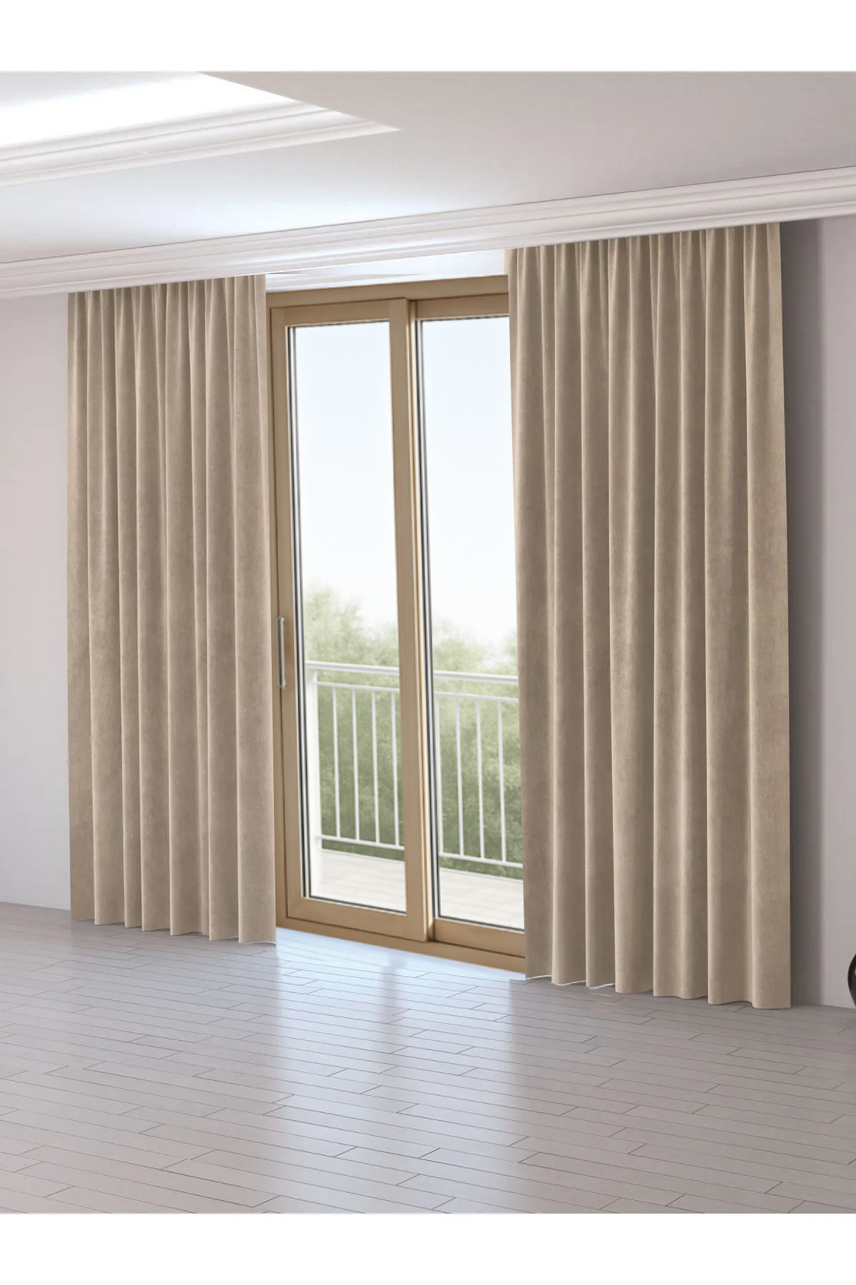 SamLive Kadife Dokulu Bej Ekstrafor Büzgülü Yüksek Kalite Fon Perde Tek Kanat