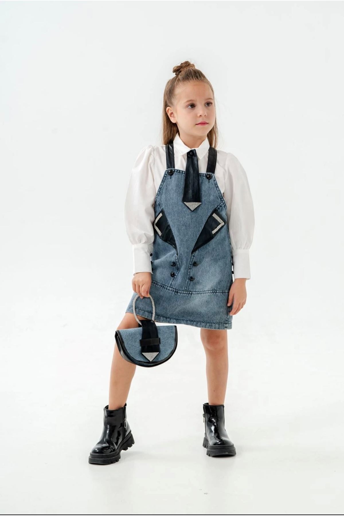 Minigimin Cicileri Miniğimin Cicileri Kravat Çanta Aksesuarlı Kız Çocuk Kotlu Jile Takım - Mavi fotoğrafı 3 (önizleme)