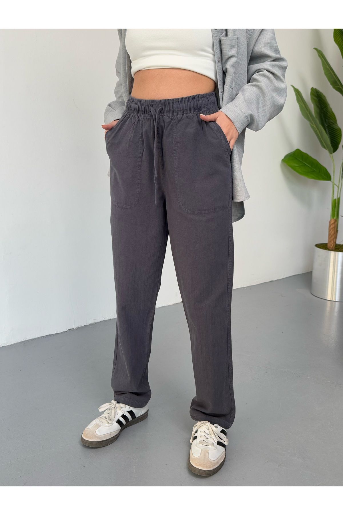 COMBİNE MİCHAİL  Kadın Beli Lastikli Bol Füme Keten Pantolon - Görsel 8