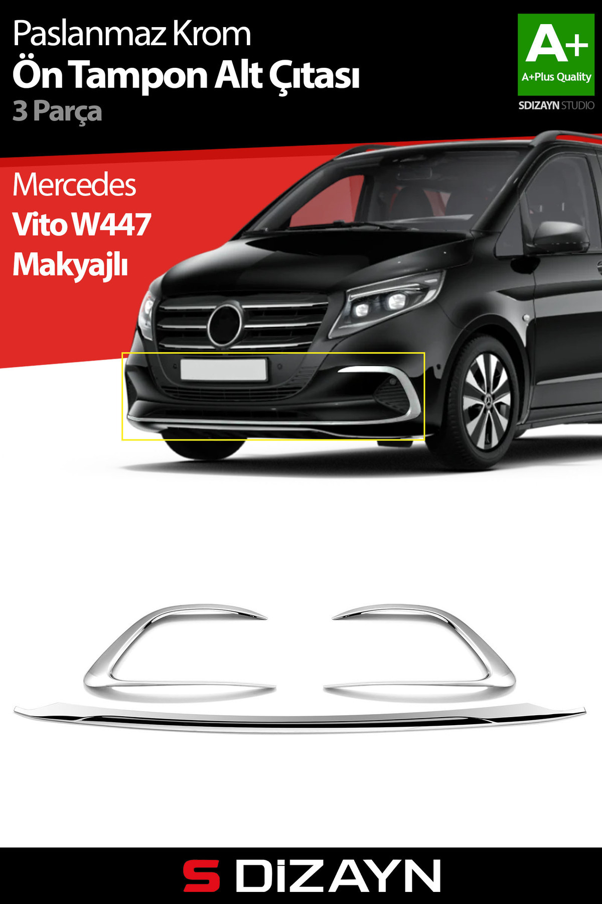 S Dizayn S-Dizayn Mercedes Vito W447 Makyajlı Krom Ön Tampon Alt Çıtası 3 Prç. 2024 Üzeri A+ Kalite 6532190