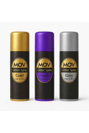 mov Glitter Spray 3’lü Set Festival Pack – Altın + Mor + Gri - Saç ve Cilt İç...