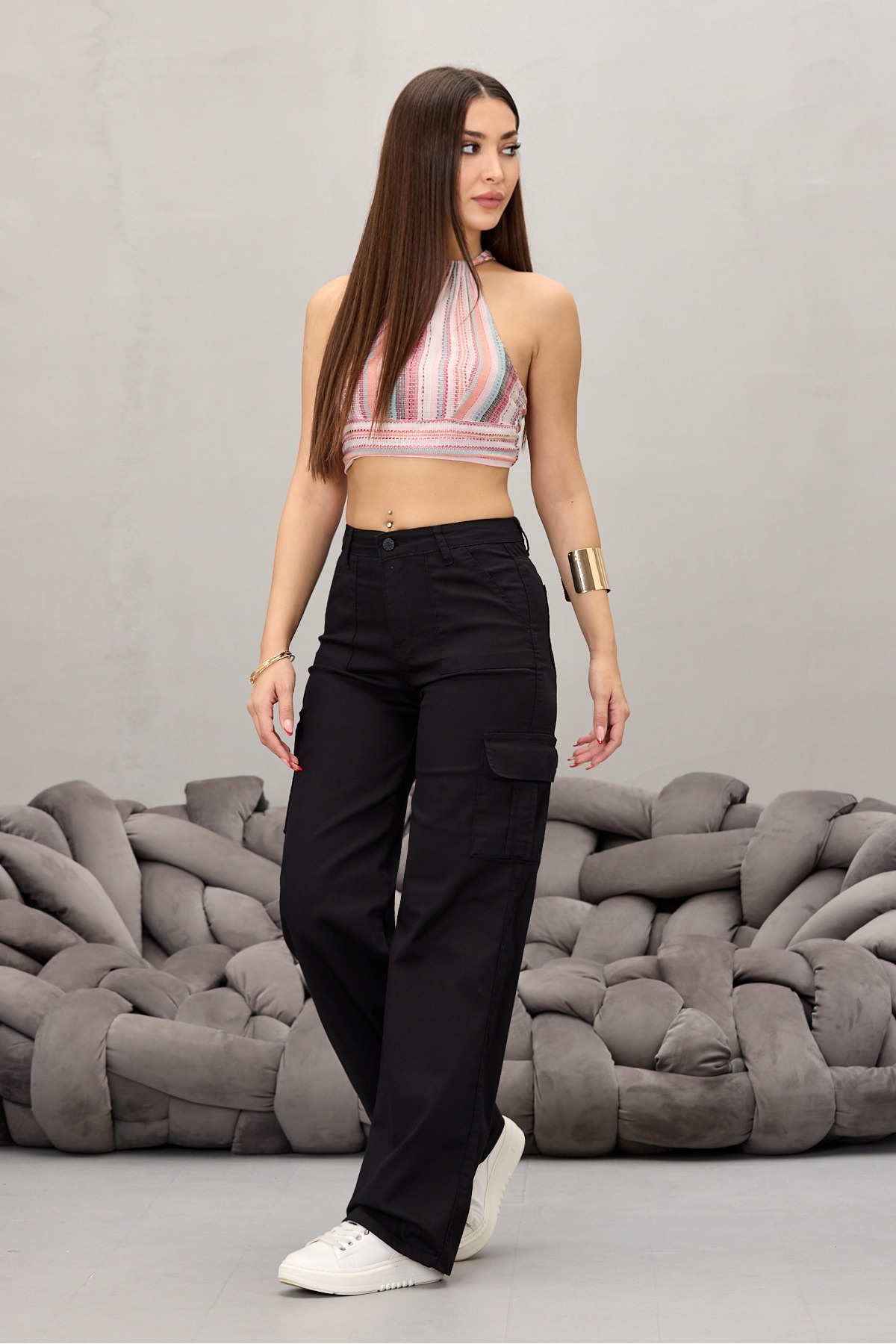 BİKELİFE  Siyah Kargo Cepli Likralı Yüksek Bel Wide Leg Pantolon - Görsel 7