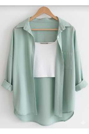 blackbonds Kadın Keten mint yeşili Gömlek Yazlık Oversize Gömlek Yeni Sezon