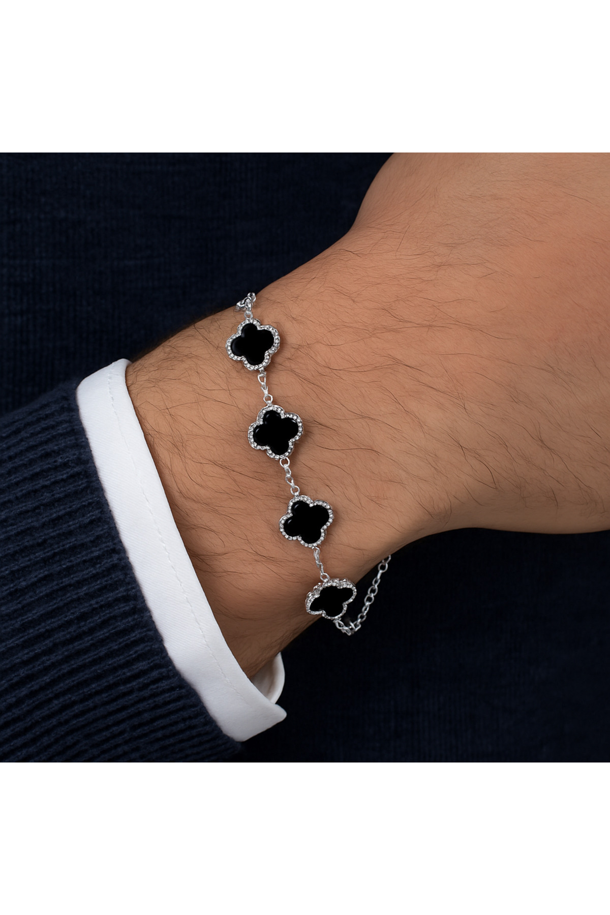 Siset Gümüş  925 Ayar Rodyum Kaplama Unısex Beş Oniks Taşlı Yonca Gümüş Bileklik - Görsel 2