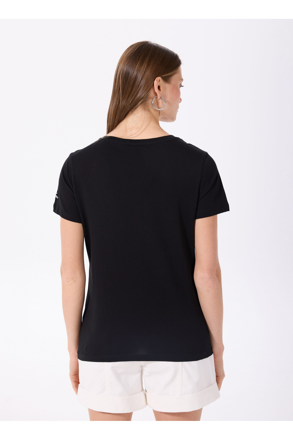 Fabrika  V Yaka Düz Siyah Kadın T-Shirt TEYO - Görsel 4