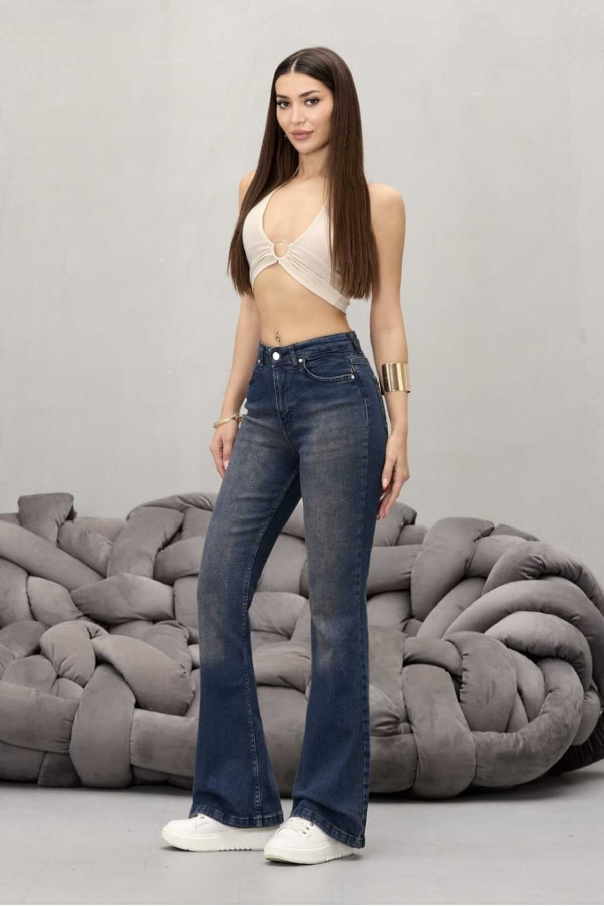 BİKELİFE  Kadın Yüksek Bel Esnek Ispanyol Paça Jeans - Görsel 5