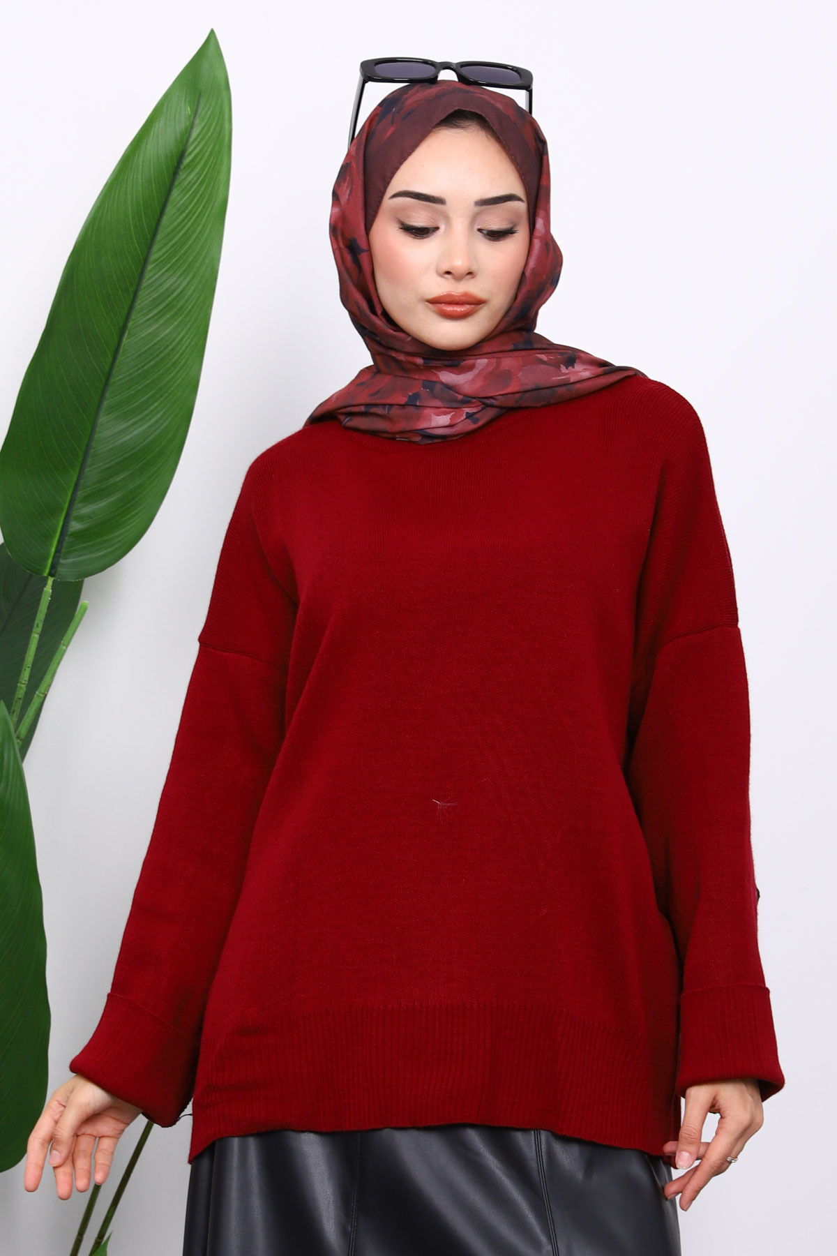 Bordo Bisiklet Yaka Yumuşak Dokulu Oversize Triko Kazak