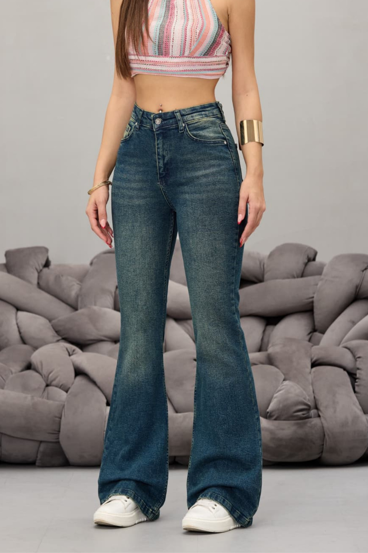 BİKELİFE  Kadın Yüksek Bel Esnek Ispanyol Paça Jeans - Görsel 2