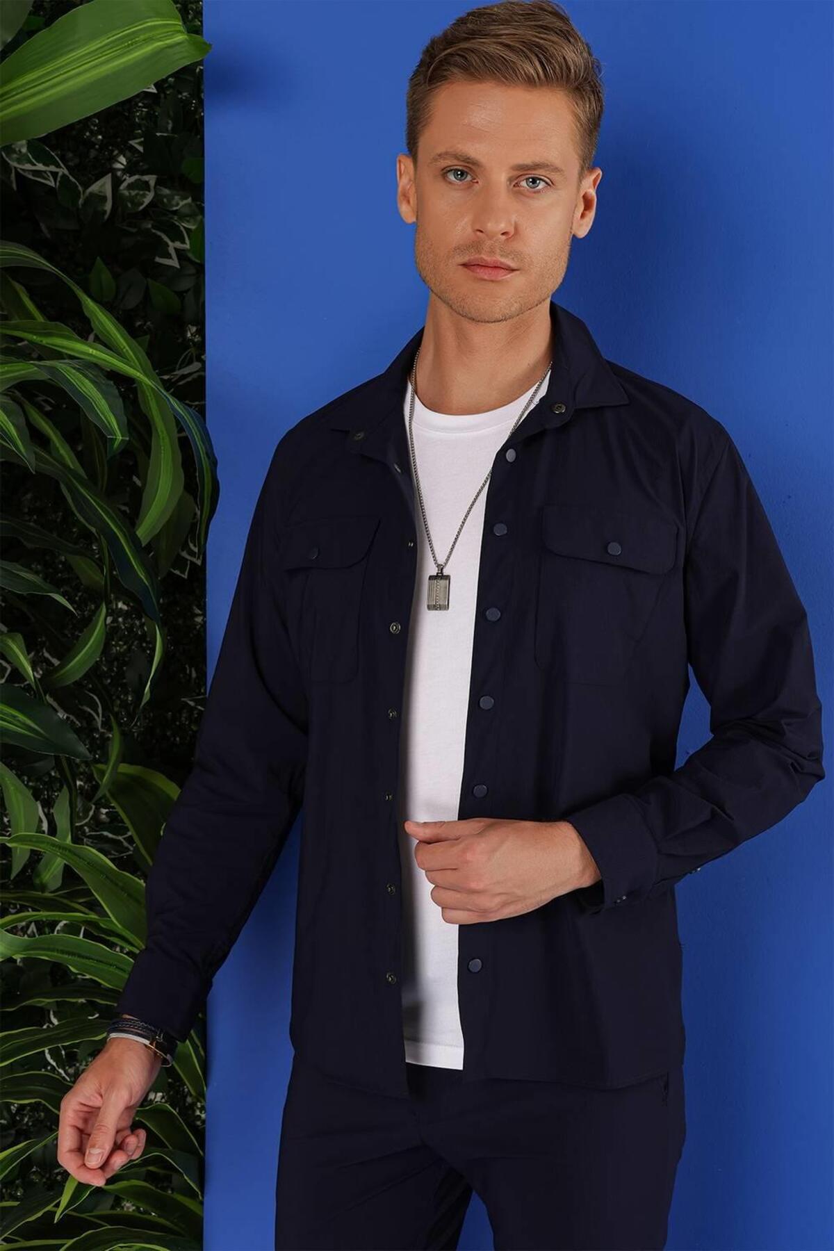 پیراهن کلاسیک مردانه G 1553 Slim Fit Navy Blue — رنگارنگ G1553Y0223 — تصویر 4 از 8