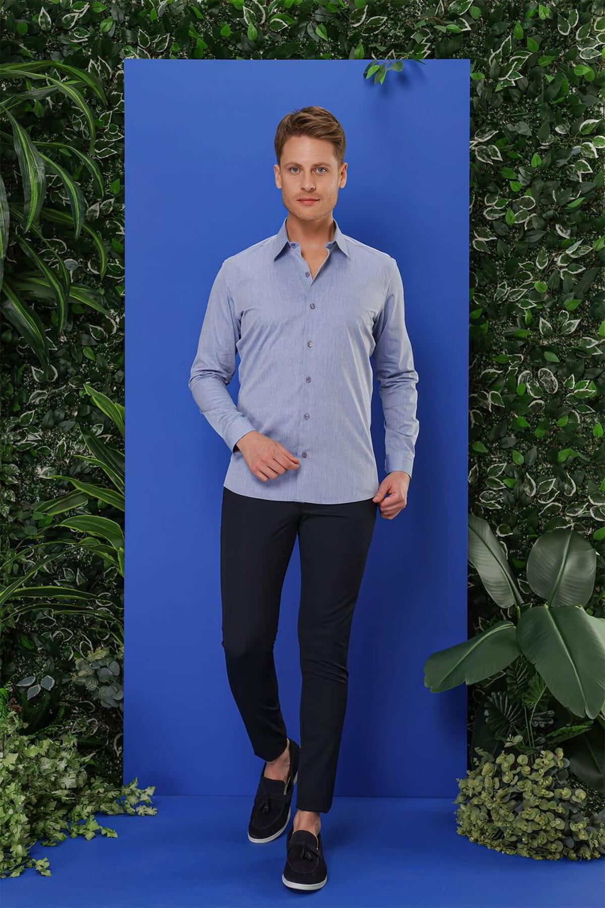 Efor  GK 679 Slim Fit Koyu Mavi Klasik Gömlek - Görsel 4