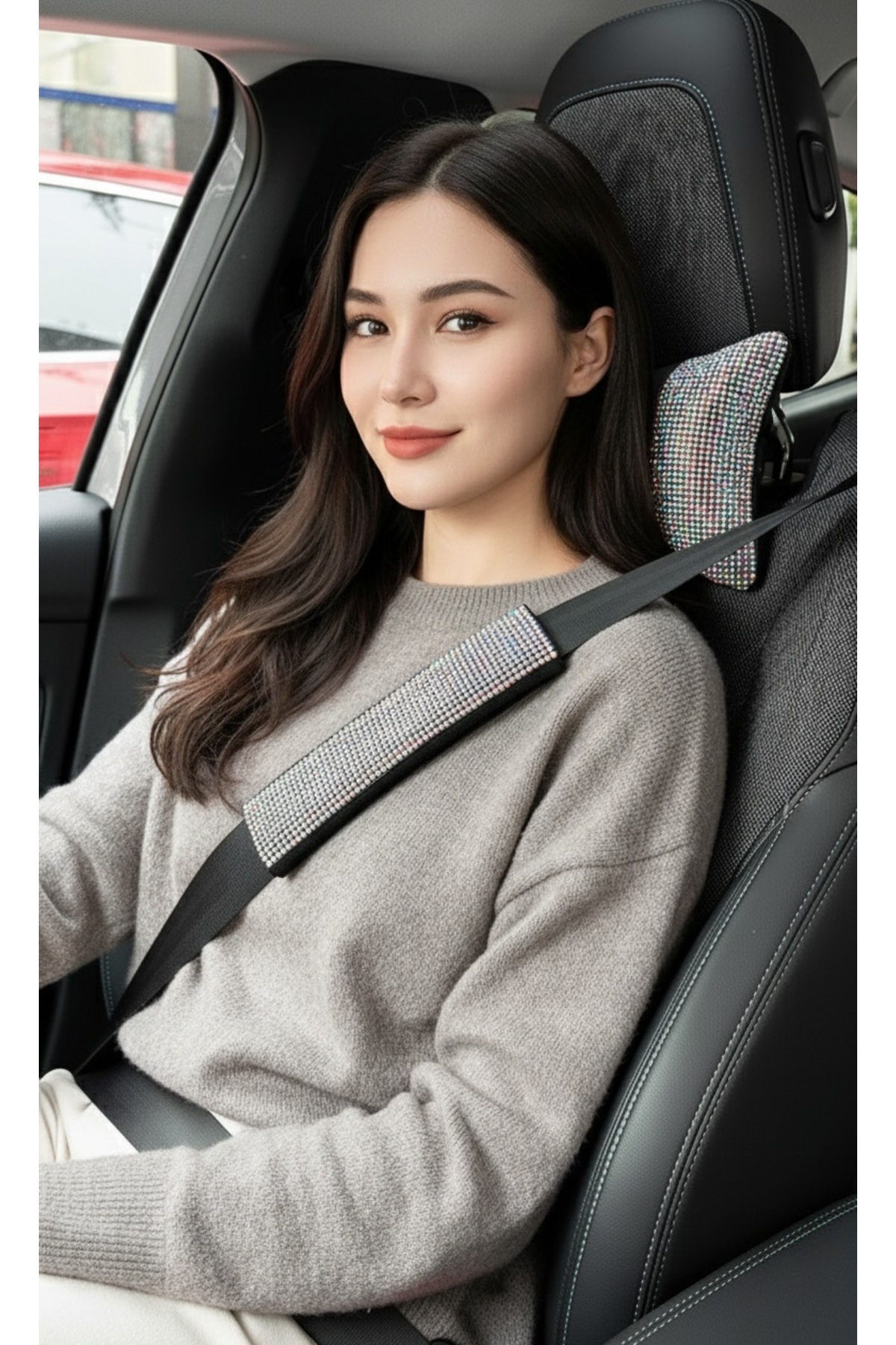 Fox Janjan Taşlı Tüm Araçlara Uyumlu Şık Boyun Yastığı ve Emniyet Kemer Seti