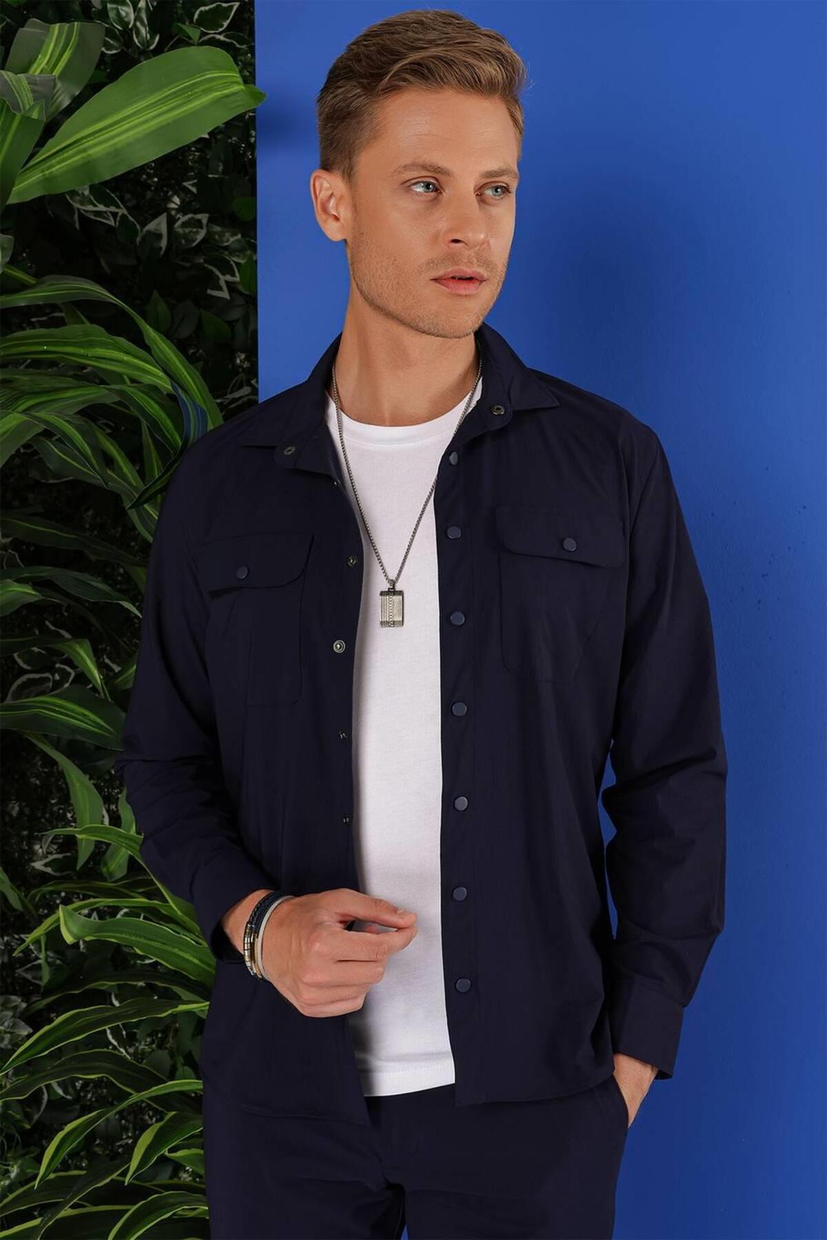 پیراهن کلاسیک مردانه G 1553 Slim Fit Navy Blue — رنگارنگ G1553Y0223 — تصویر 6 از 8