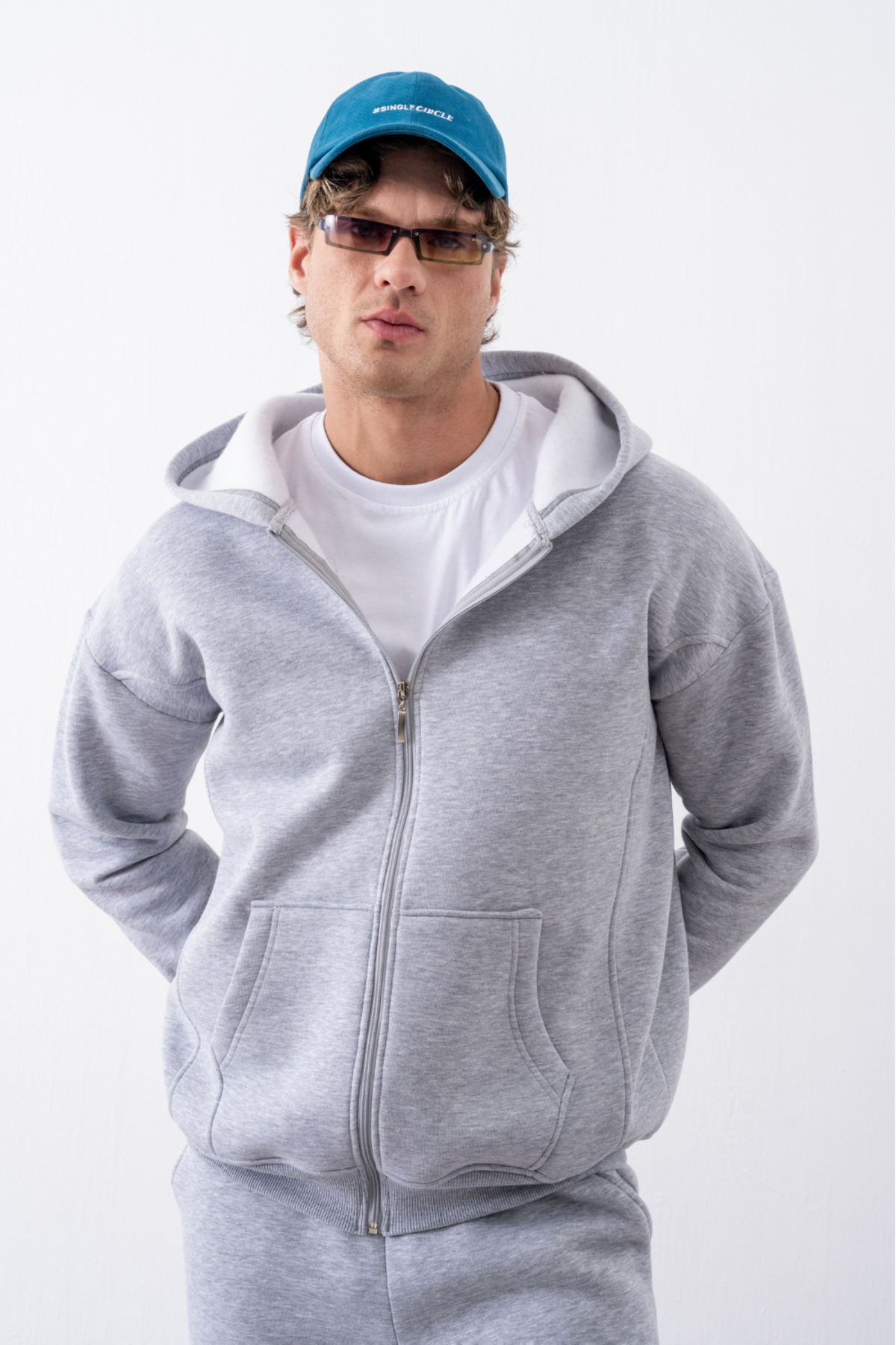 gothamvibes Erkek Oversize Fermuarlı Kapüşonlu Gri Sweatshirt