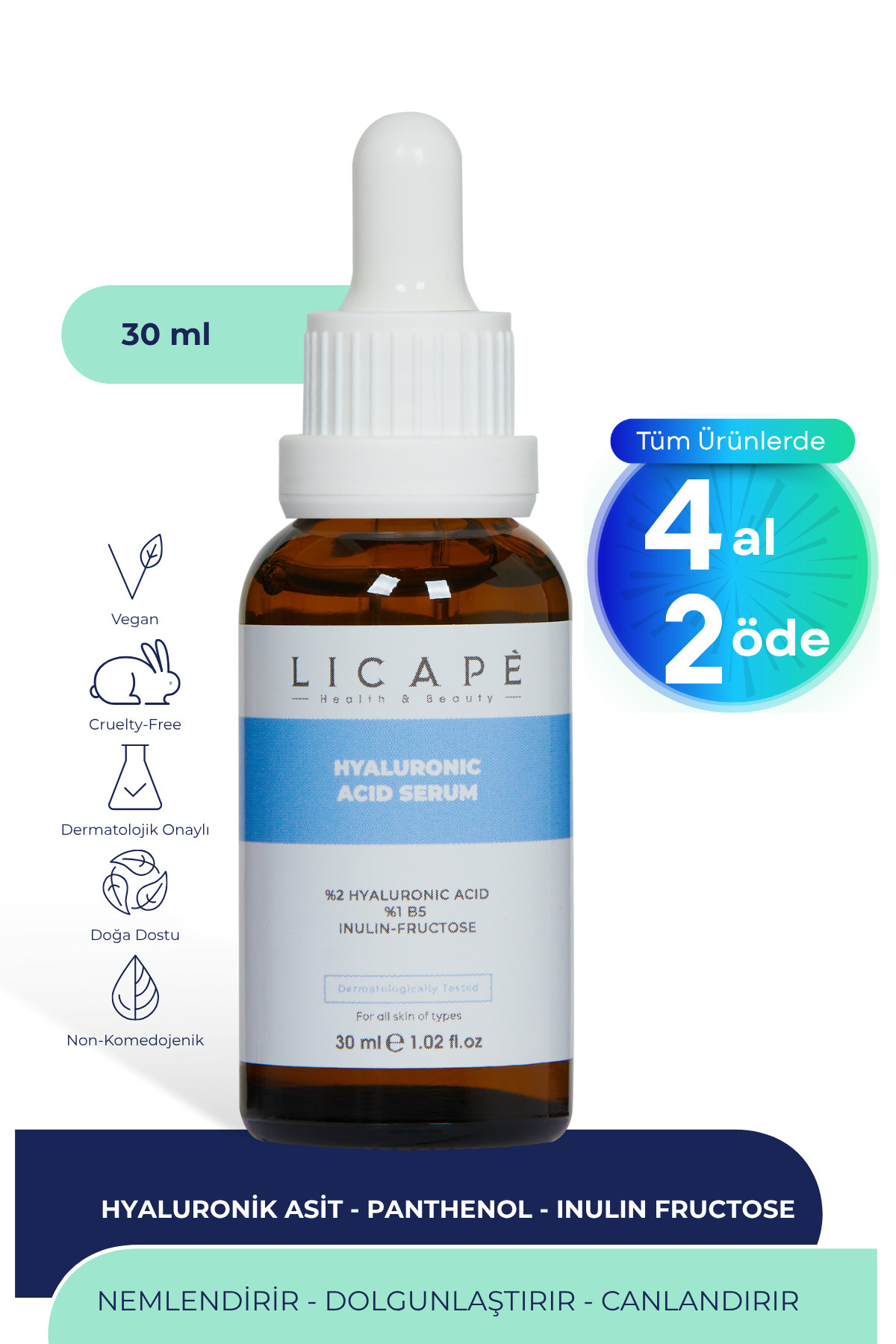 Licape Nemlendirici Aydınlatıcı Dolgunlaştırıcı Hyaluronik Asit Pantenol B5 Peptit Serum