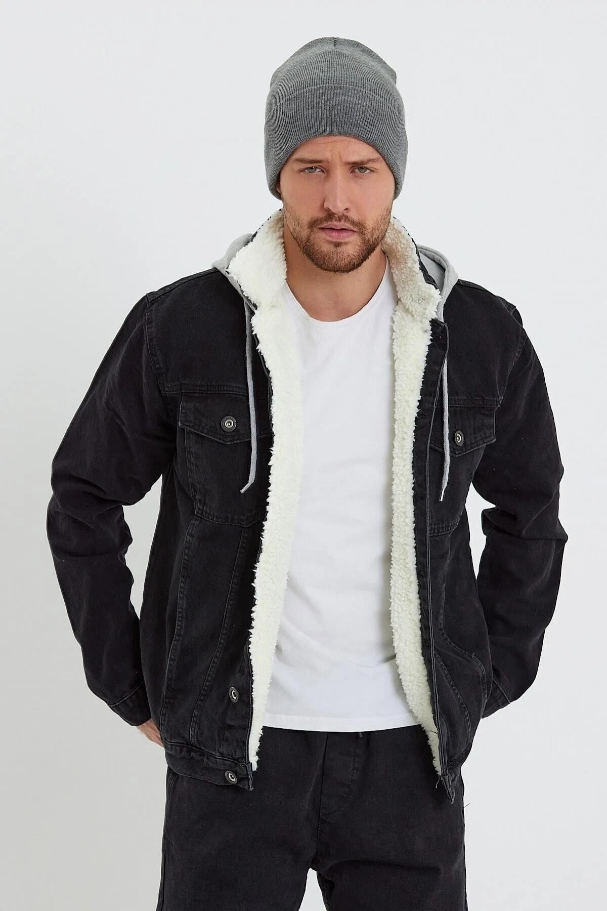 DAMGA JEANS Içi Kürklü Kapüşonlu Kot Mont Siyah