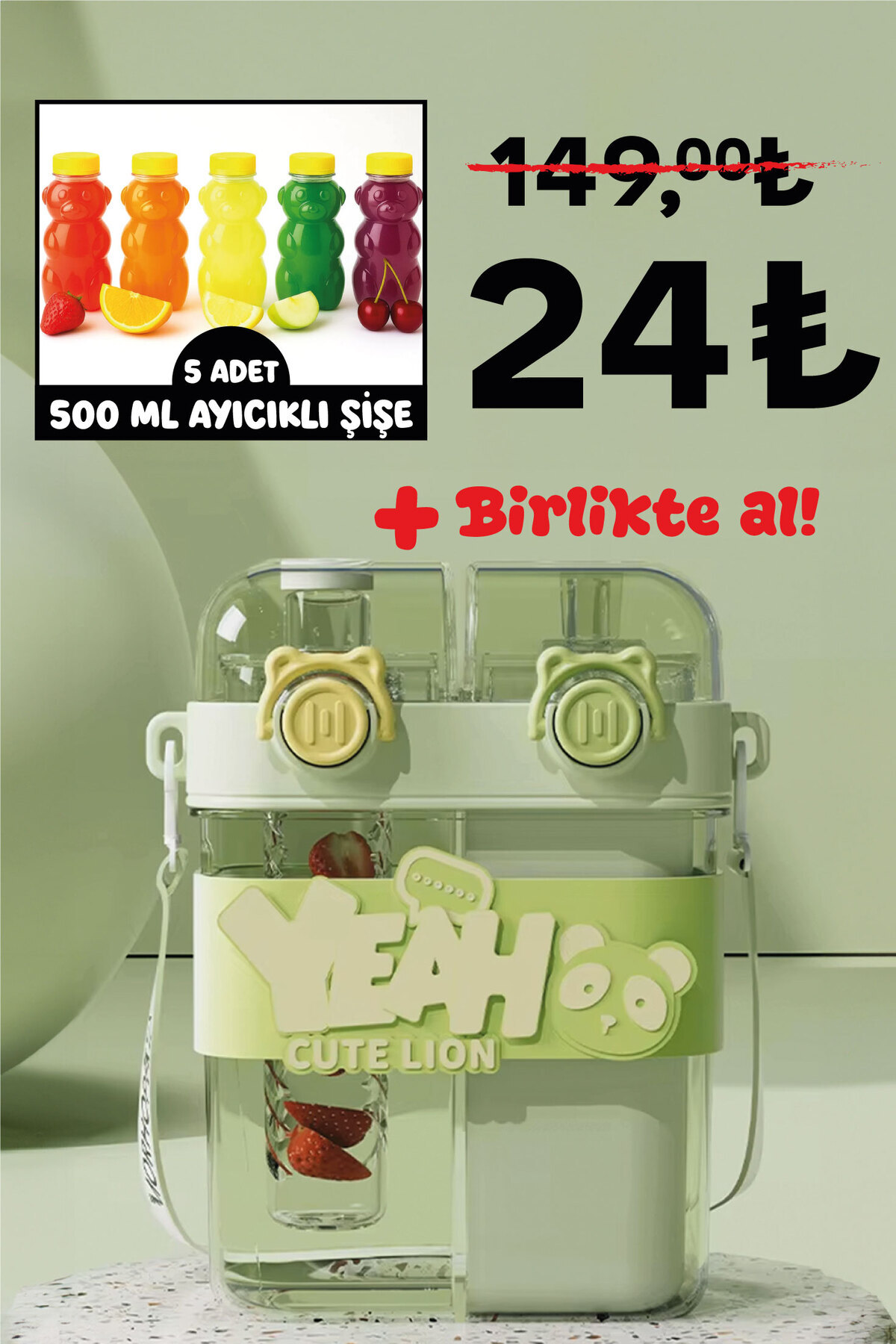 M&B WATER BOTTLE Yeah Çift Bölmeli Suluk - Renkli Boyun Askılı Çift Içimli Okul Çocuk Suluğu Bpa Içermez