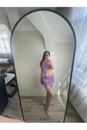 Womanism Kadın Lila Örgü Desenli Püsküllü İkili Takım – Halter Crop Top & Min...