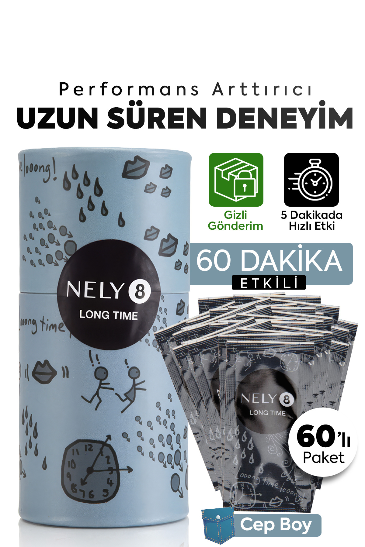 Nely8 Long Time Jel 60 x 1,5 ml-Erkekler için Hijyenik Kullan At Krem, Uzun Süreli Etki{Sprey Değildir}