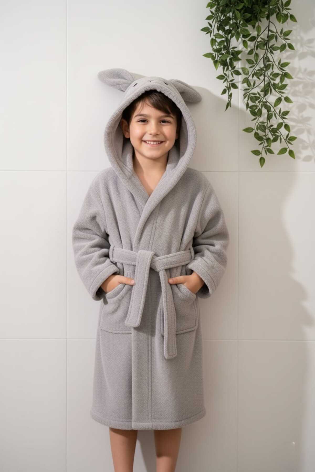 PAMUK HANIM Kapşonlu Pamuklu Yumuşacık Kız- Erkek Çocuk Bornozu Nakışlı hayvan figürlü kulaklı GRİ/TAVŞAN fotoğrafı 2 (önizleme)