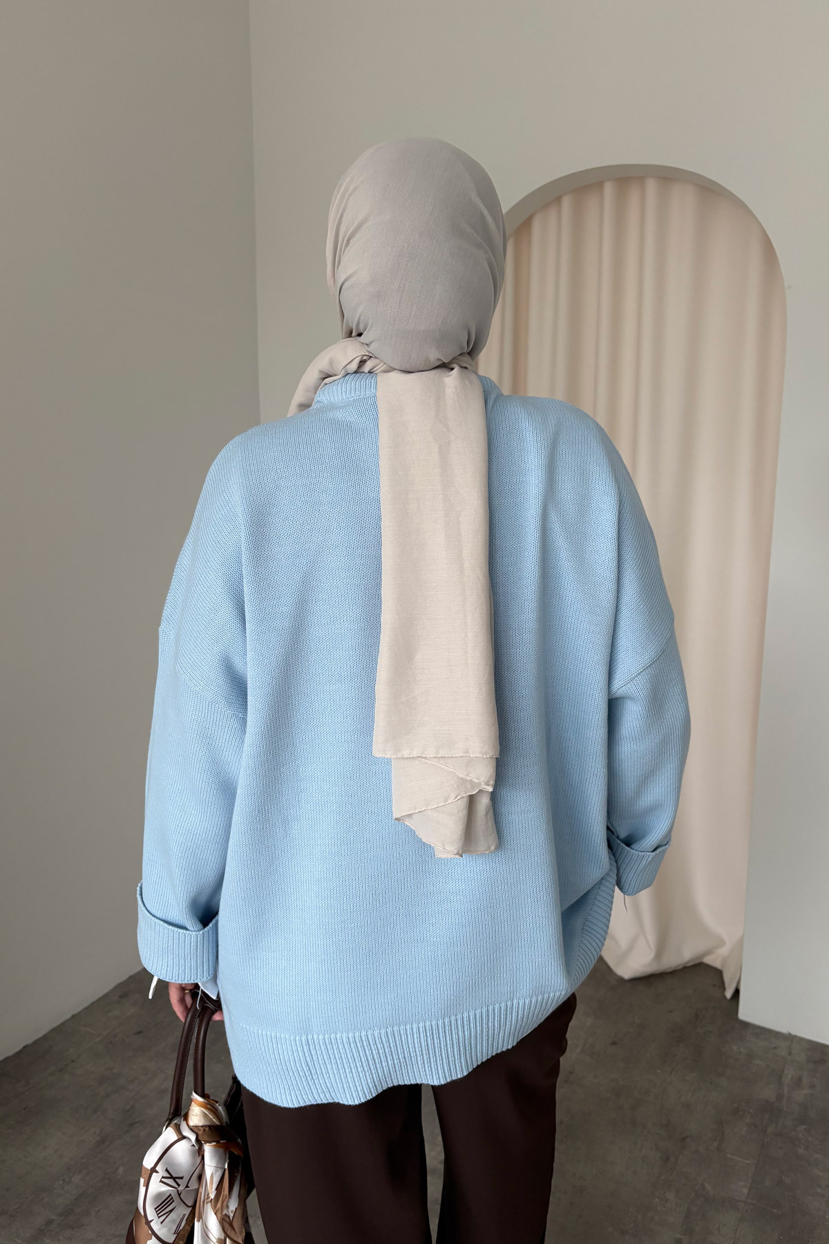 HYWONA  Kadın Bisiklet Yaka Oversize Triko Tunik Kazak Mavi - Görsel 6