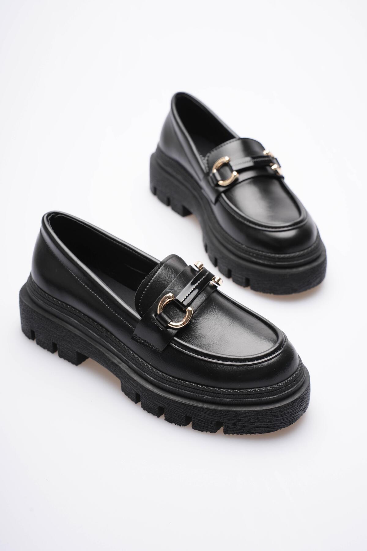 Mubiano Kadın Deri Loafer Oxford Kalın Comfort Tabanlı Toka Detaylı Siyah Auren