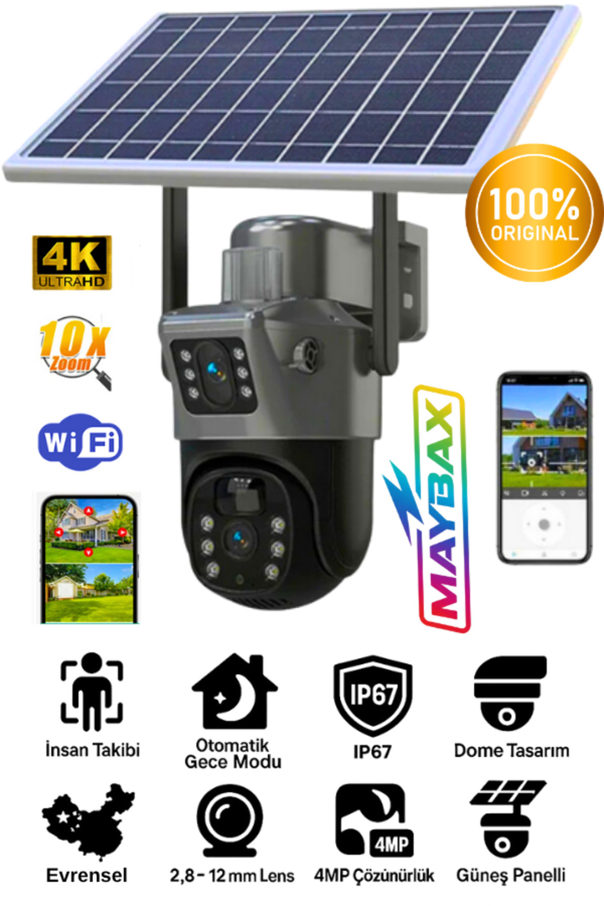 Maybax Güneş Enerjili WiFi IP67 Su Geçirmez PTZ Akıllı İnsan Takipli Gece Görüşlü Güvenlik Kamerası