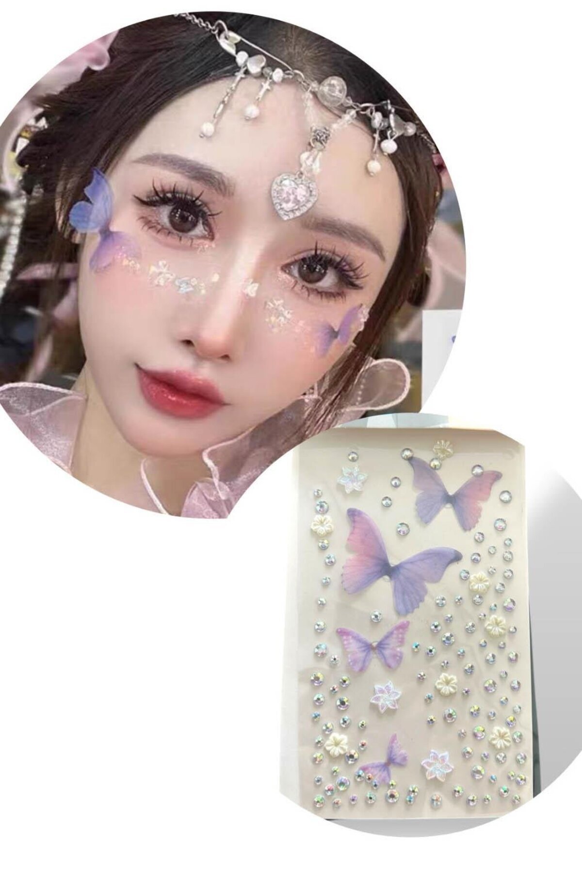TAKIŞTIR Mor Renk Kelebek Figürlü Taş Detaylı Yüz Taşı/ Yapışkanlı Taşlı Yüz Sticker