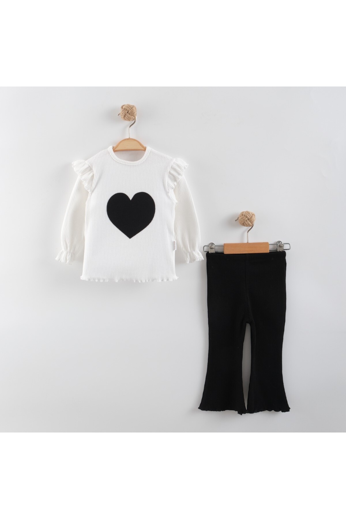 Hearted Two Piece Set Black White Long Sleeve Blouse Spanish Leg Pants Stretchy Handy Cotton Fabric