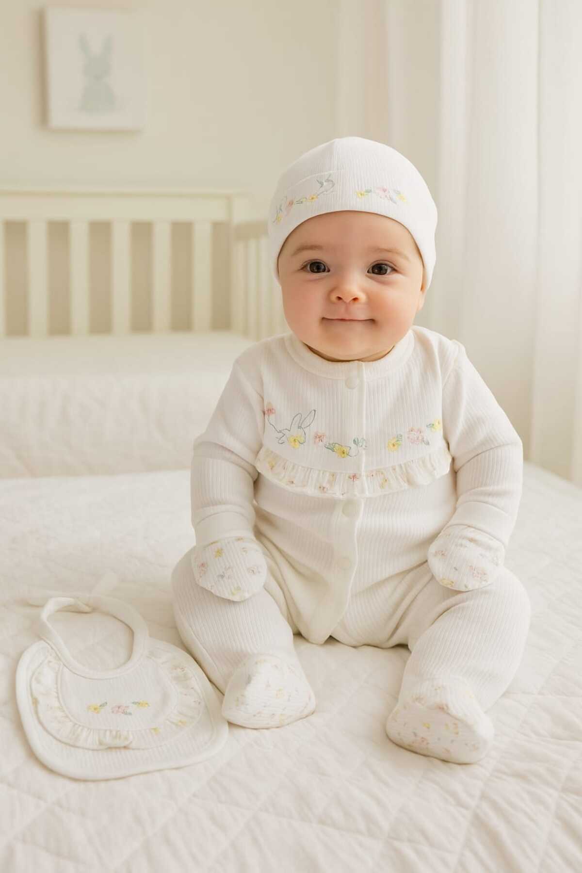 0-3 MONTHS BABY GIRL COLORFUL FLOWER ORNAMENTED 100% COTTON 5 PIECE SET