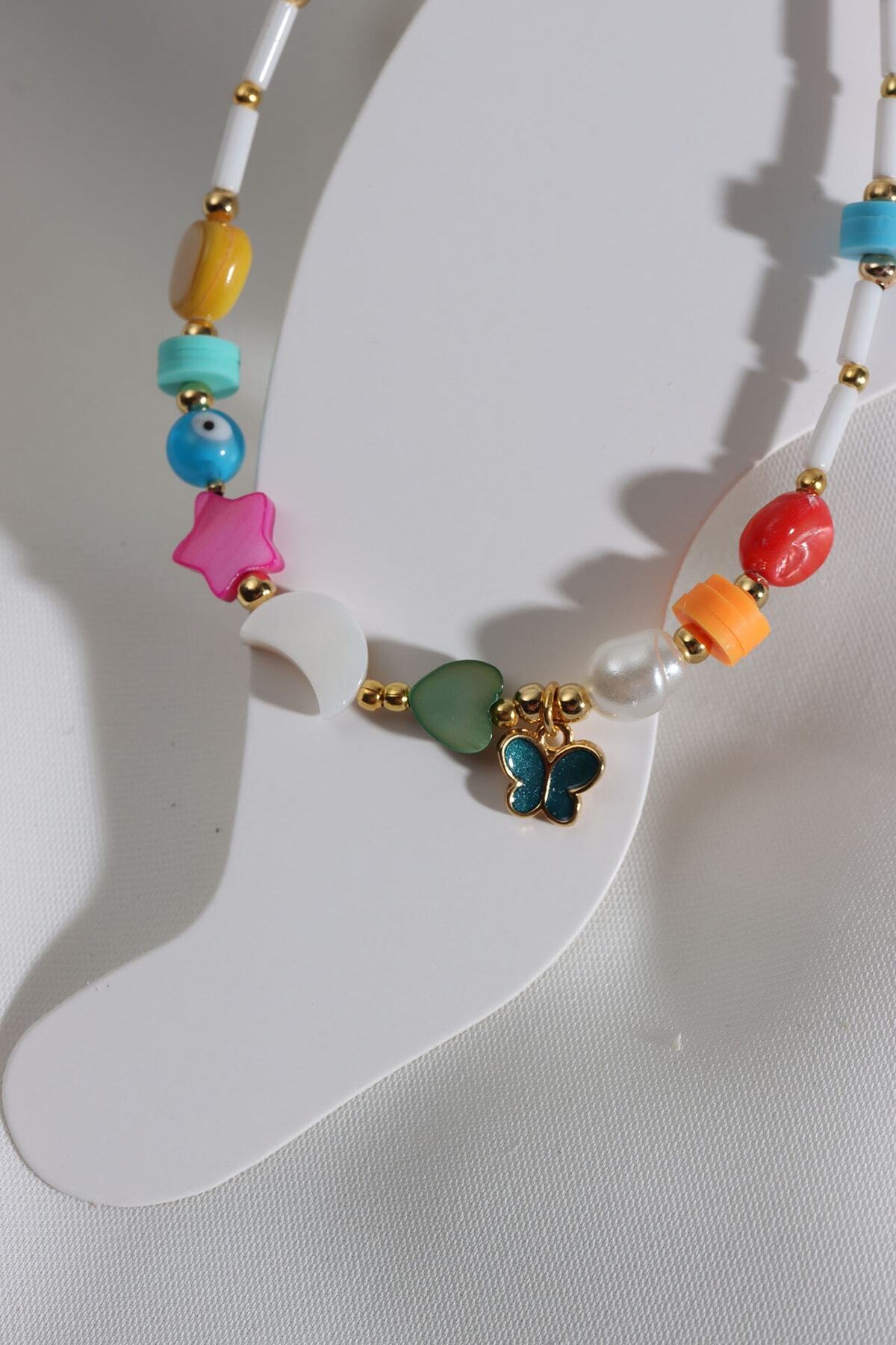 LA PERRY ACCESSORIES Beyaz Boncuklu Kelebek Uçlu Renkli Halhal