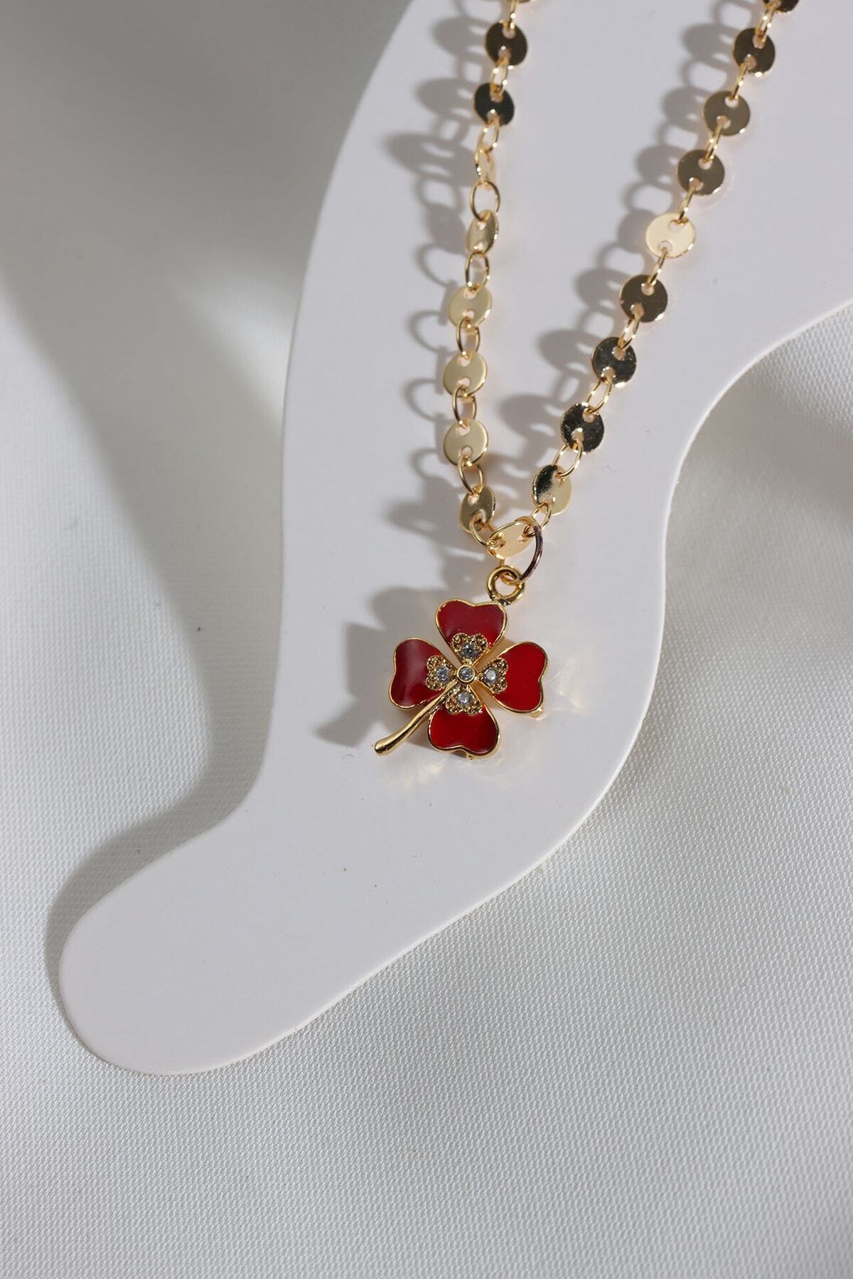 LA PERRY ACCESSORIES Kırmızı Mineli Dört Yapraklı Yonca Halhal