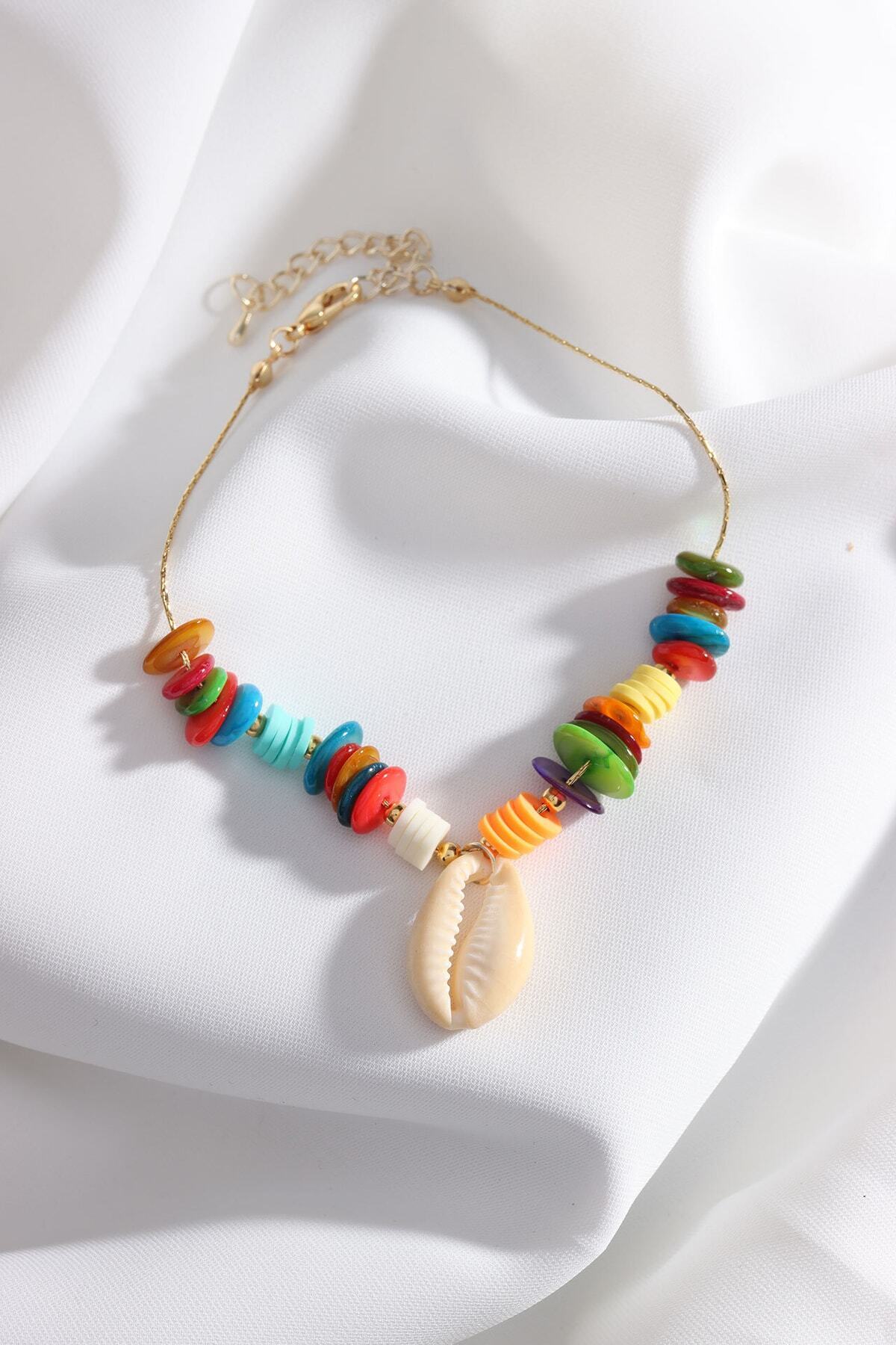 LA PERRY ACCESSORIES Renkli Yassı Doğal Taş Boncuk Gold Halhal