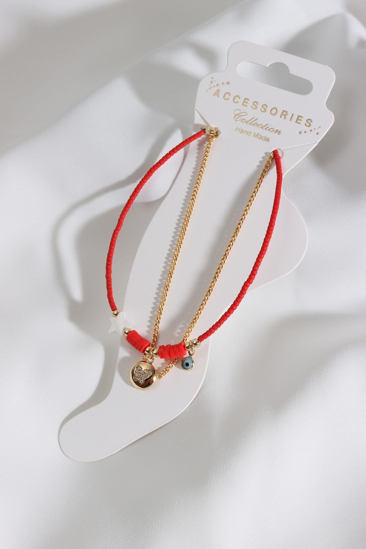 LA PERRY ACCESSORIES 2'li Gold Kelebek Uçlu Kırmızı Boncuklu Halhal