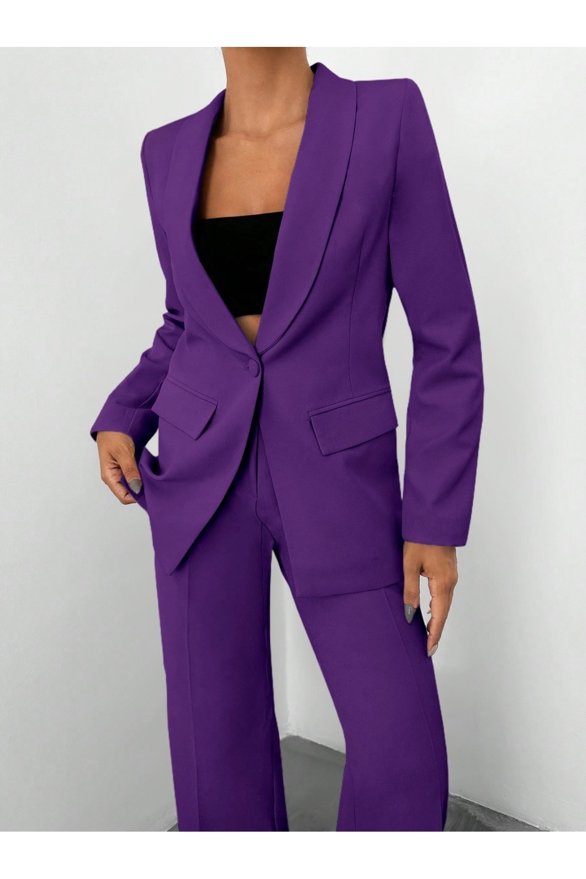 Papillon Tekstil Tek Düğmeli Blazer Ceket Cepli Palazzo Pantolon Takım Elbise