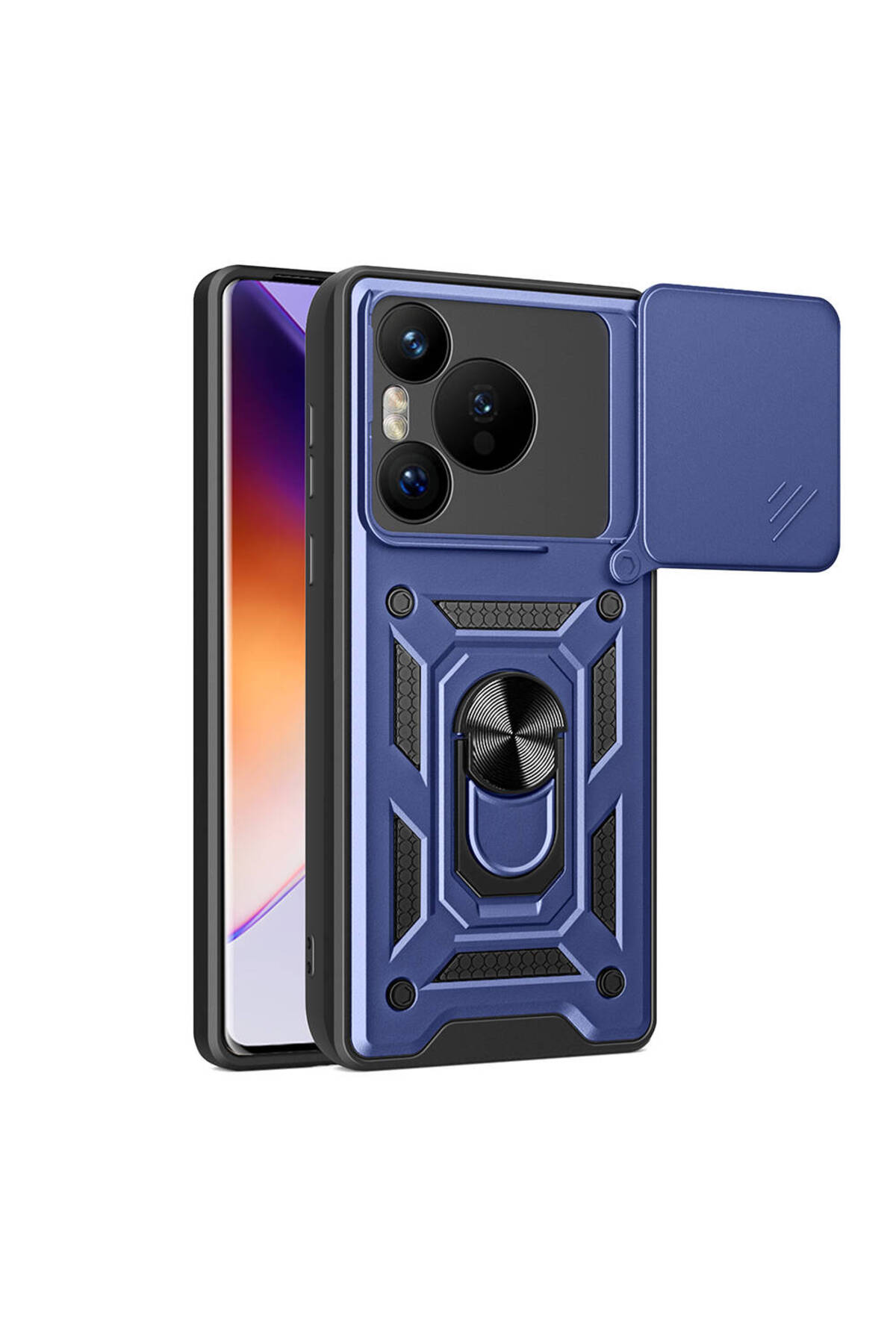 Huawei Pura 70 5G Kılıf Magnetik Standlı Kamera Korumalı JoieCreatif Sürgülü Vega Kapak - Mavi