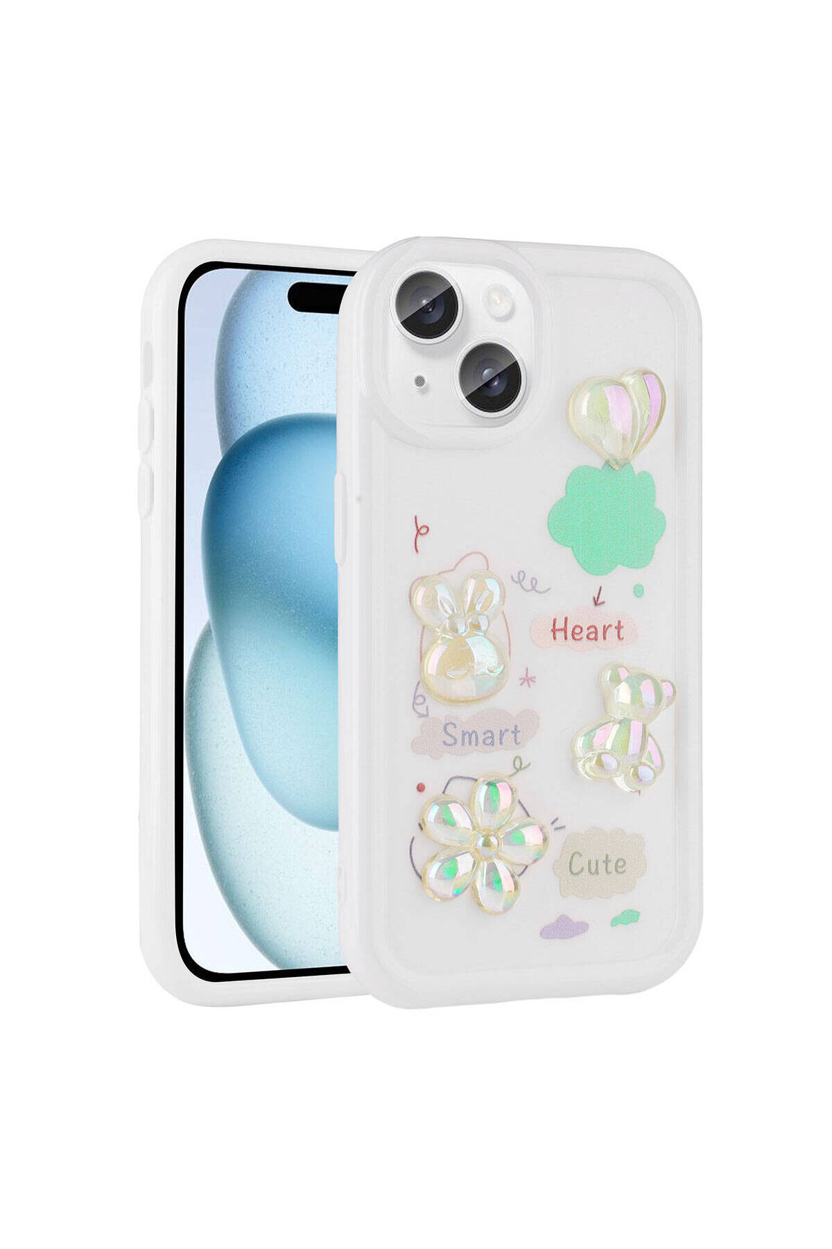 iPhone 13 Uyumlu Kabartma Figürlü Parlak NXXA Toys Silikon Kılıf-Beyaz