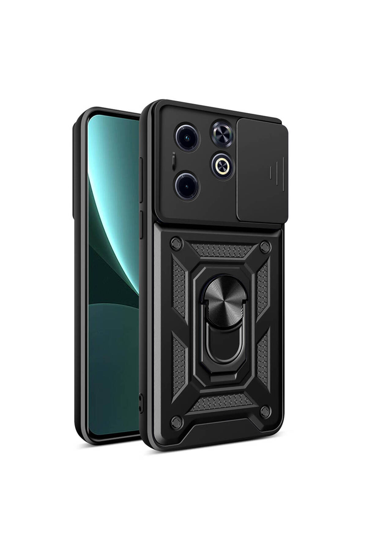 İnfinix Hot 40i Kılıf Magnetik Standlı Kamera Korumalı JoieCreatif Sürgülü Vega Kapak - Siyah