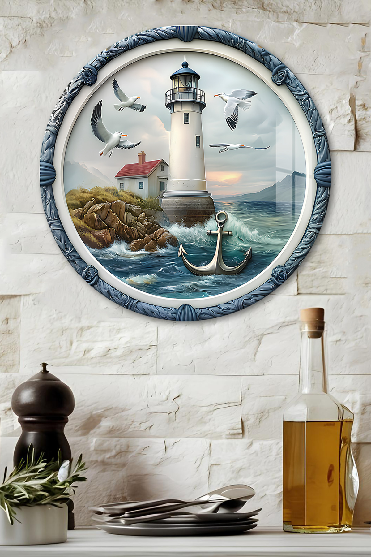3D Görünümlü Temperli Cam Tablo – Deniz Feneri ve Martı Temalı Duvar Süsü UV Baskı 33x33 cm-CDS066