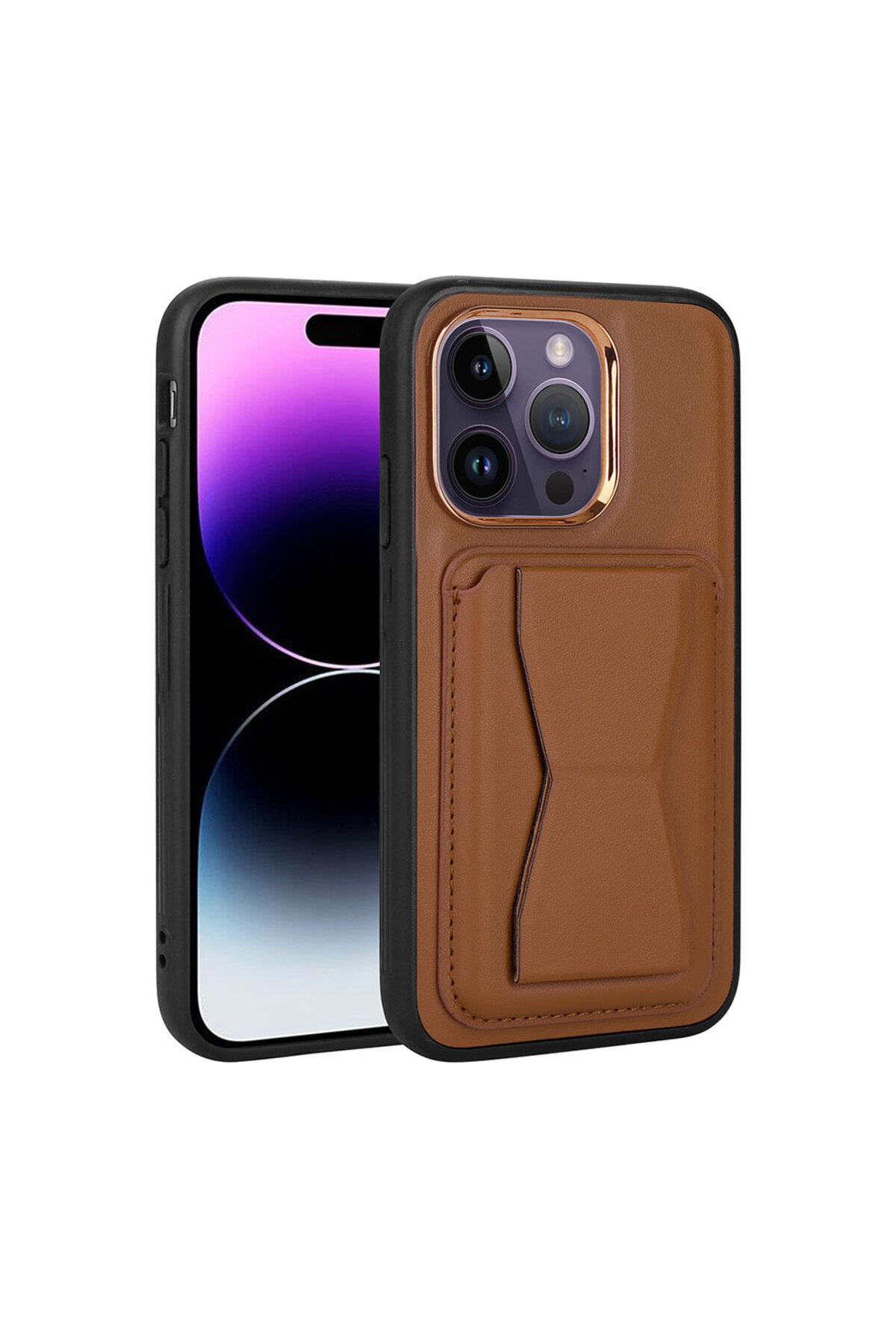 iPhone 14 Pro Uyumlu Kartlıklı Standlı Pu Deri NXXA Memo Kılıf-Kahverengi
