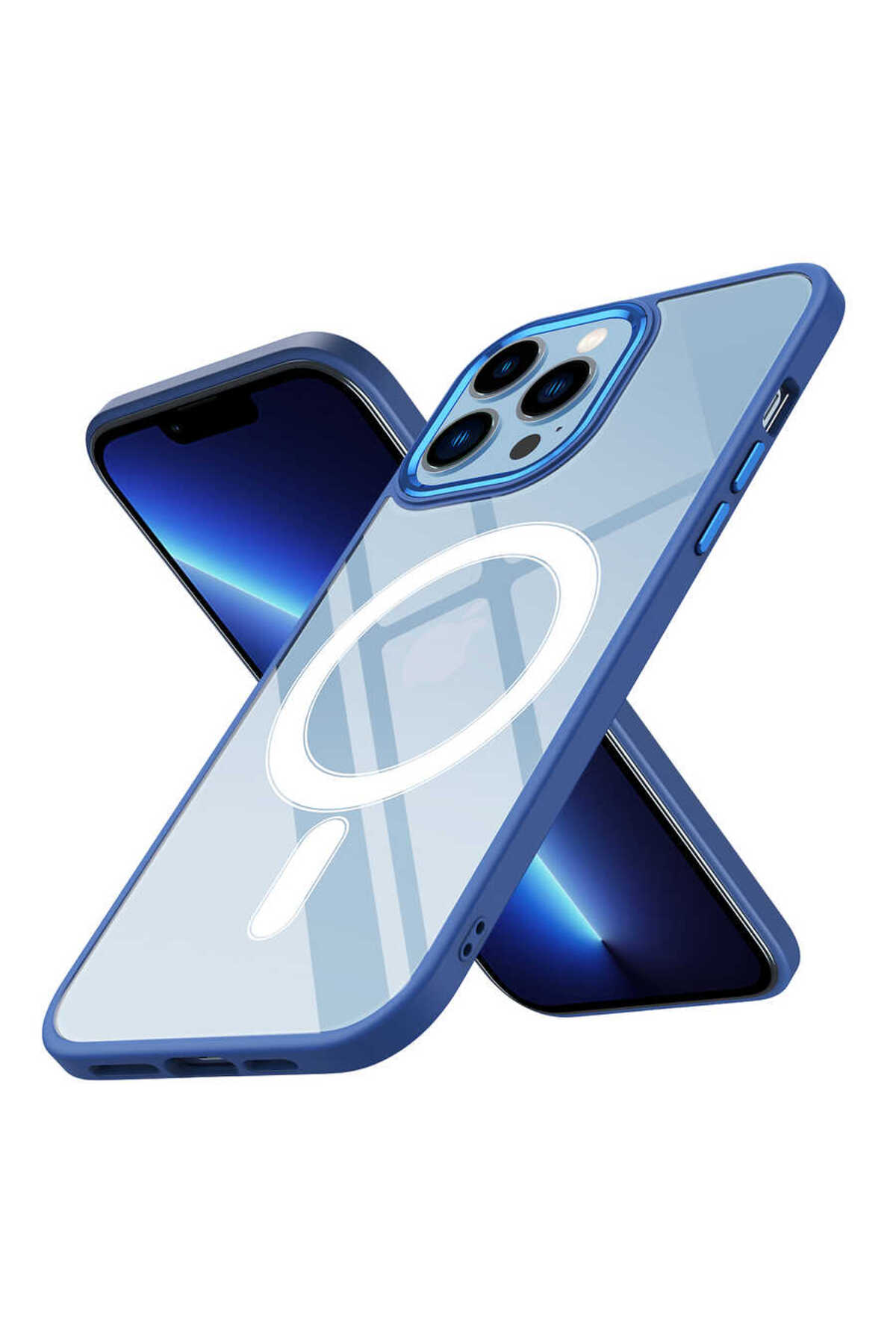 iPhone 13 Pro Uyumlu Wireless Şarj Özellikli NXXA Krom Magsafe Silikon Kılıf-Lacivert