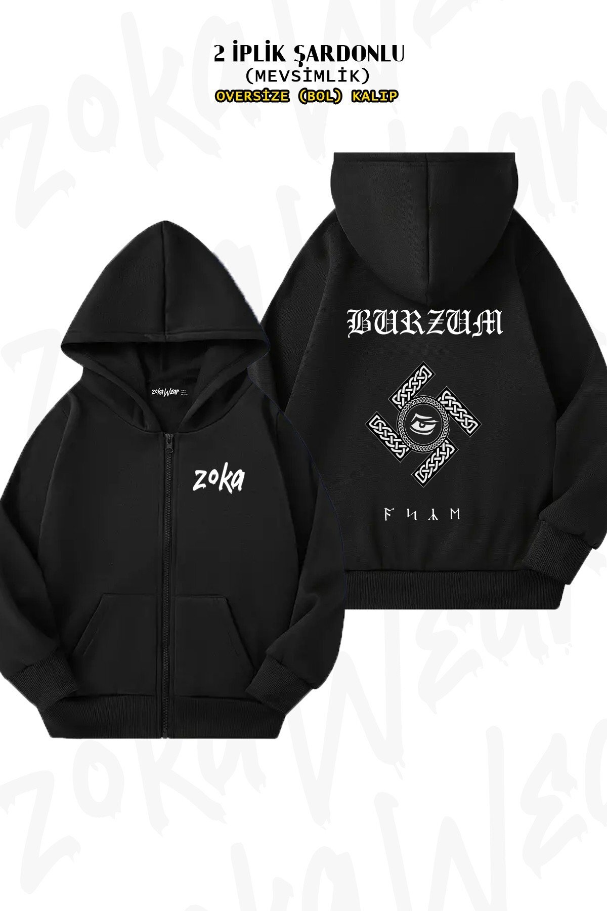 Unisex Burzum Baskılı Oversize Sırt Baskılı Fermuarlı Kapşonlu Hırka — سفید zW26Sez0nHirka551
