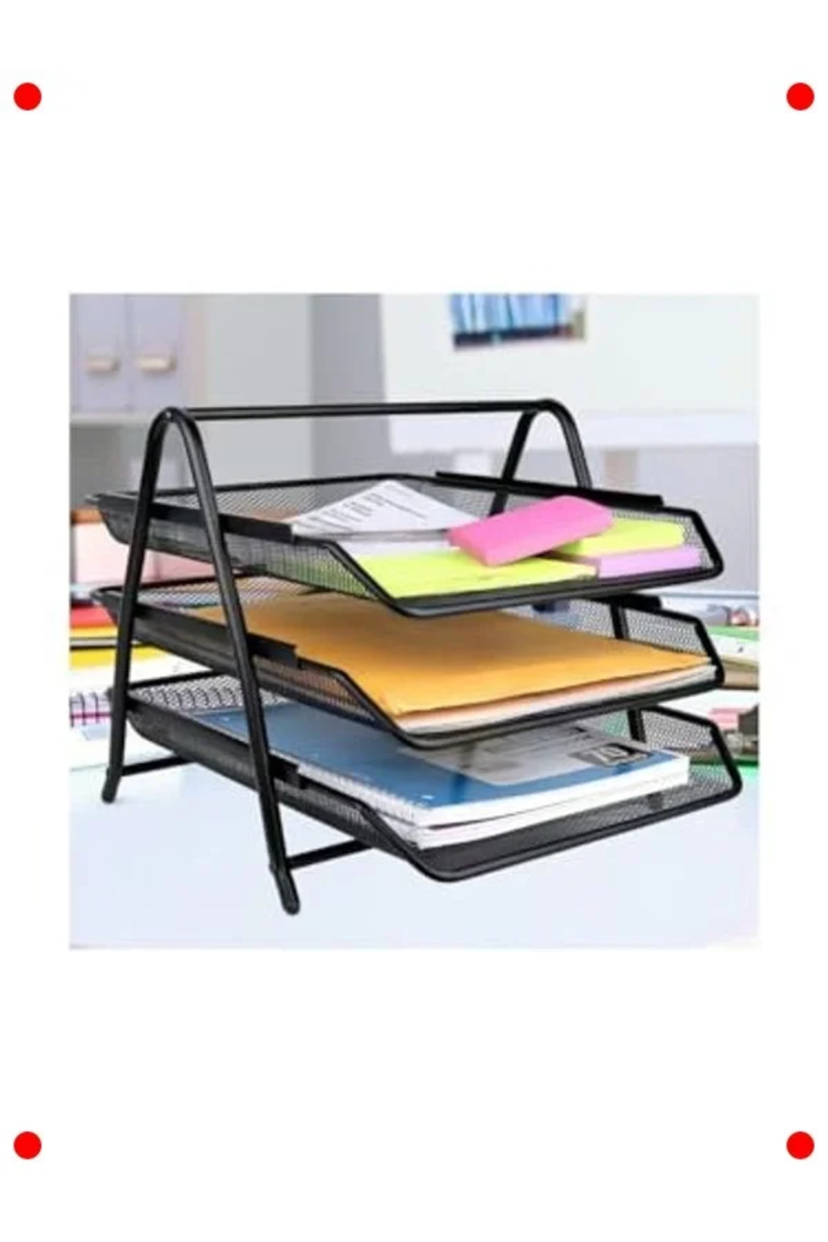 markentegra 3 Katlı Metal Tel Evrak Rafı, Ofis Düzenleyici - Siyah