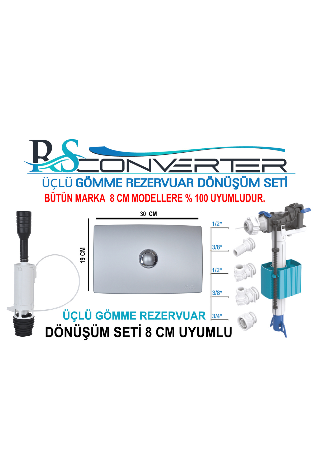 RSCONVERTER GÖMME REZERVUAR KUMANDA PANELLERİ Rsconverter Gömme Rezervuar Üçlü Dönüşüm Seti Tamir Ve Değişim Kiti 8 Cm