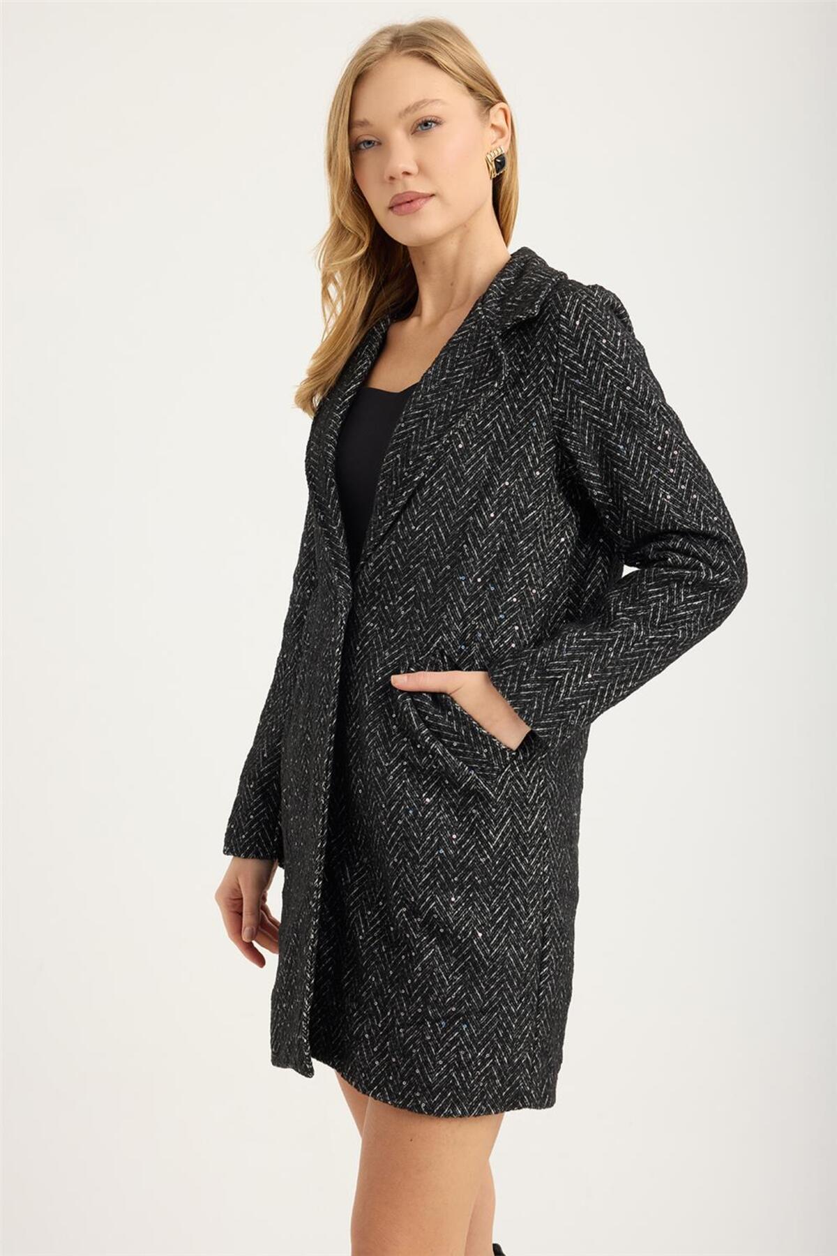 Home Store Long Sequined 2-Pocket Herringbone Jacket- Trendyol
