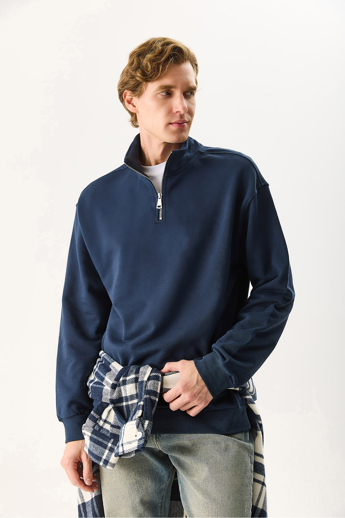 VENA  Erkek Bruce Dik Yaka Yarım Fermuarlı Sweatshirt %100 Pamuk - Lacivert - Görsel 3