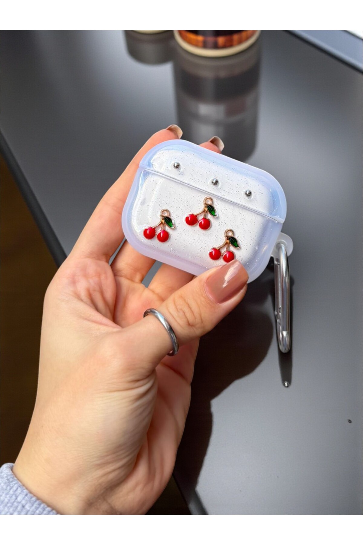 AirPods Pro 2nd Generation Compatible Silvery 3D Epoxy Cherry Pattern Key Ring Earphone Case