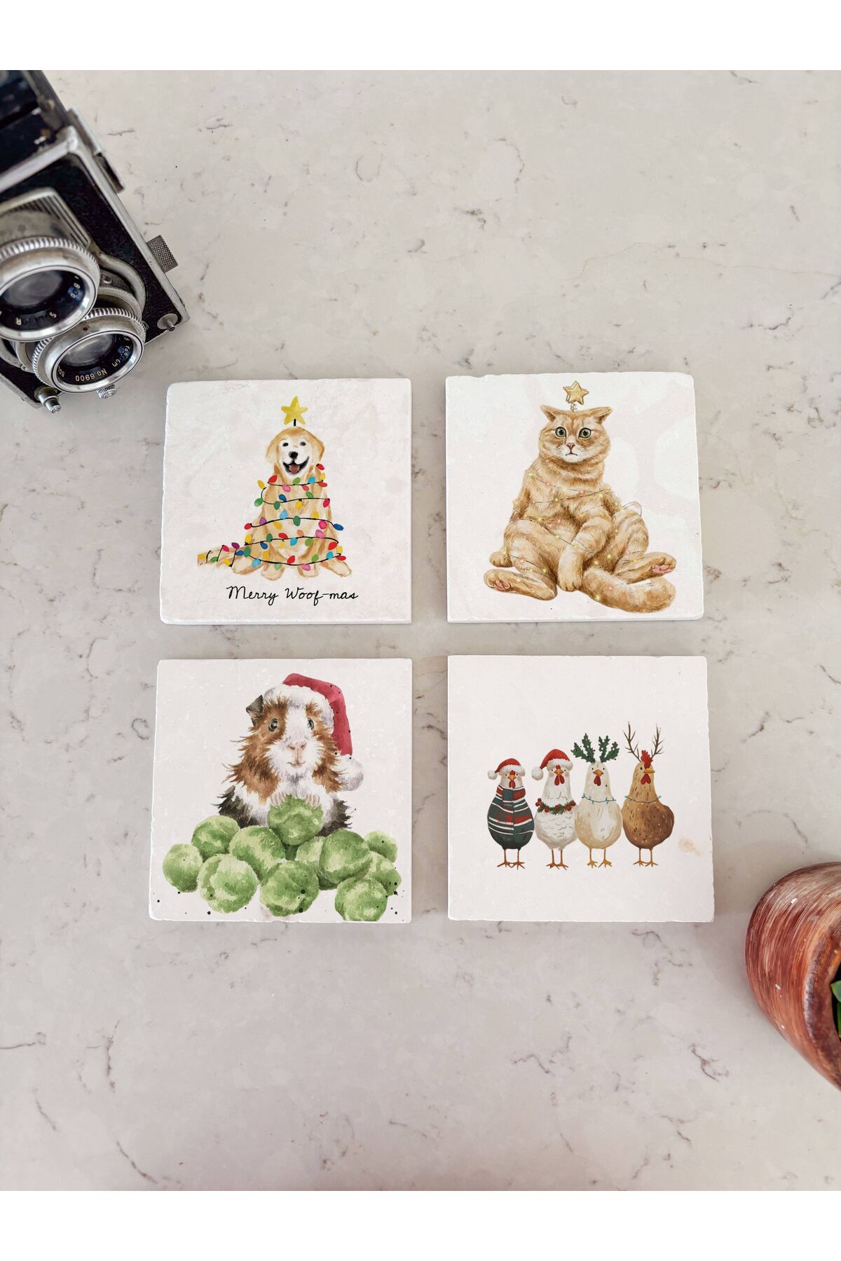 arslart Sevimli Hayvan Temalı Doğal Taş Bardak Altlığı, Kedi Köpek Tavuk Desenli, Yılbaşı Hediyesi, 4’lü