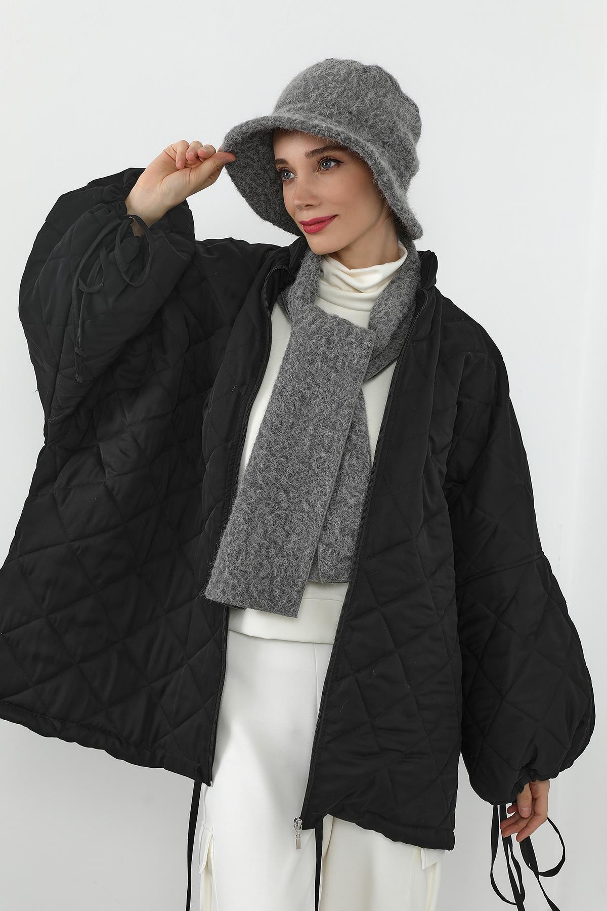 Aisha's Design Kışlık Tüylü Keçe Bucket Şapka ve Atkı Takımı,BAT-1TK