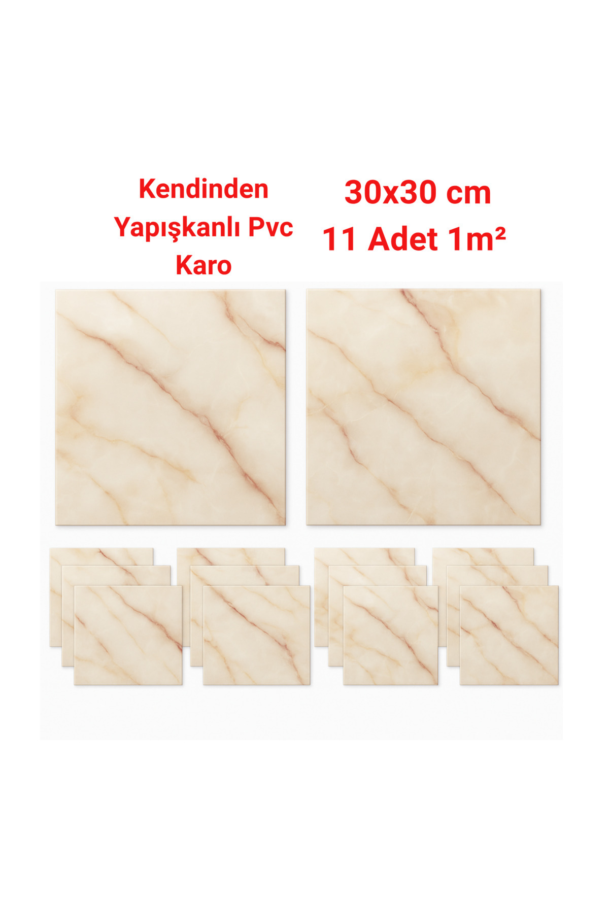 UKAB DEKOR 30x30 Cm 11 Parça (1 m²) Pvc Karo Kendinden Yapışkanlı Seramik Mermer Görünüm Dekoratif Panel